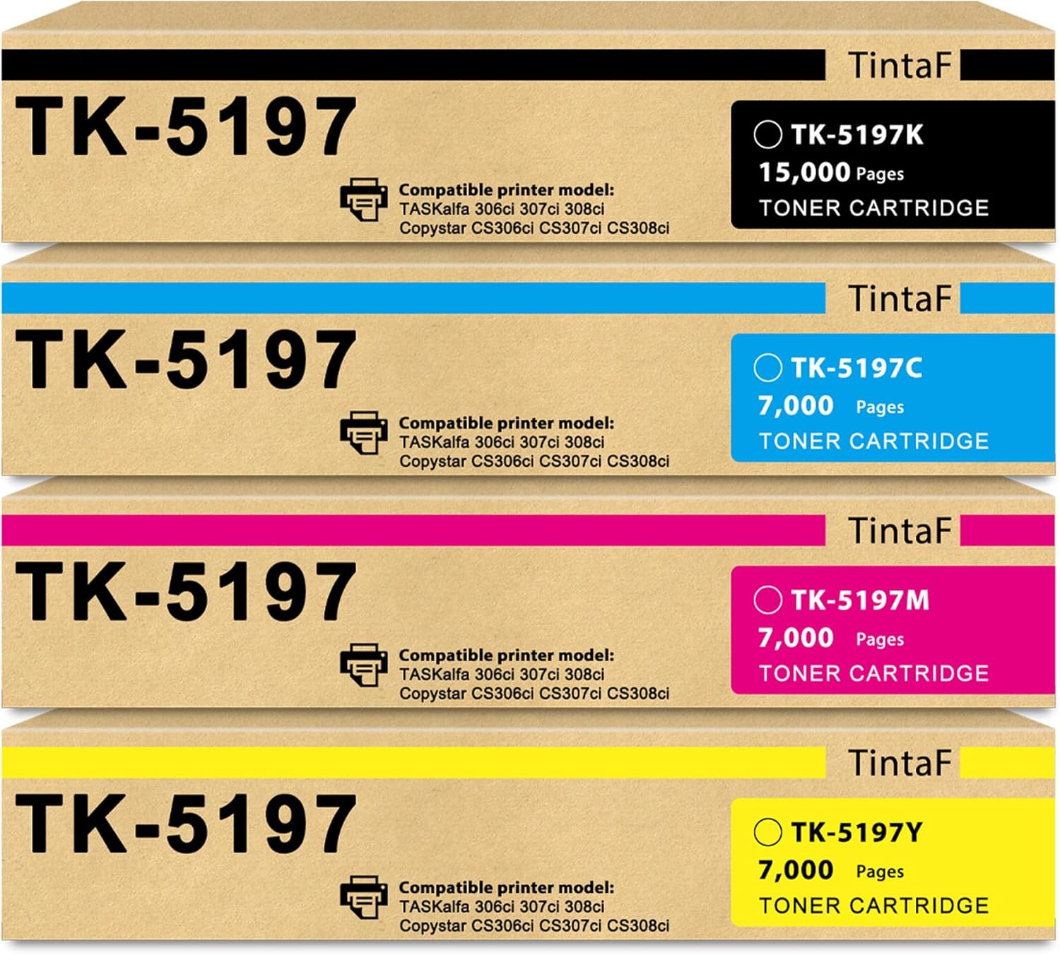 Compatible TK-5197 TK5197 Toner Cartridge Replacement for Kyocera TK-5197K TK-5197C TK-5197M TK-5197Y Toner Cartridge for TASKalfa 306ci 307ci 308ci Copystar CS306ci CS307ci CS 308ci Printer 4-Pack