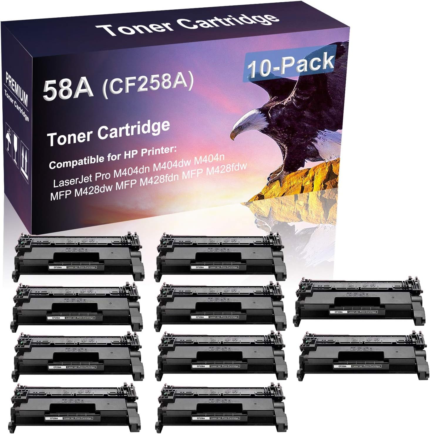 10 Pack (NO Chip) Compatible 58A CF258A Laser Toner Cartridge use for HP Laserjet Pro M404dn M404dw Printer (High Yield)