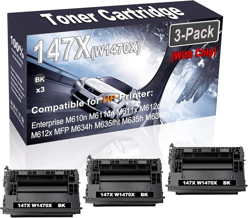 3-Pack (Black) Compatible Enterprise M610n M611dn M611x M612dn M612x Laser Printer Cartridge (High Capacity) Replacement for HP 147X W1470X (with Chip) Printer Cartridge