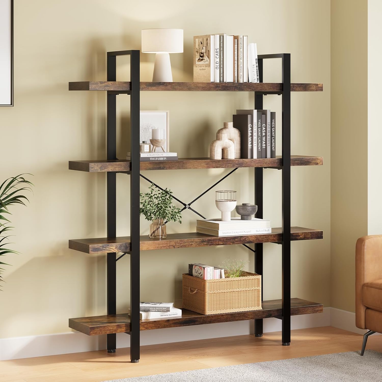 FURSUN Heavy Duty 4 Tier Bookcase, 55-in Tall Industrial Modern Large Bookshelf, Wood Farmhouse Bookcases Book Shelves and Metal Frame for Office, Bedroom, Living Room, Brown