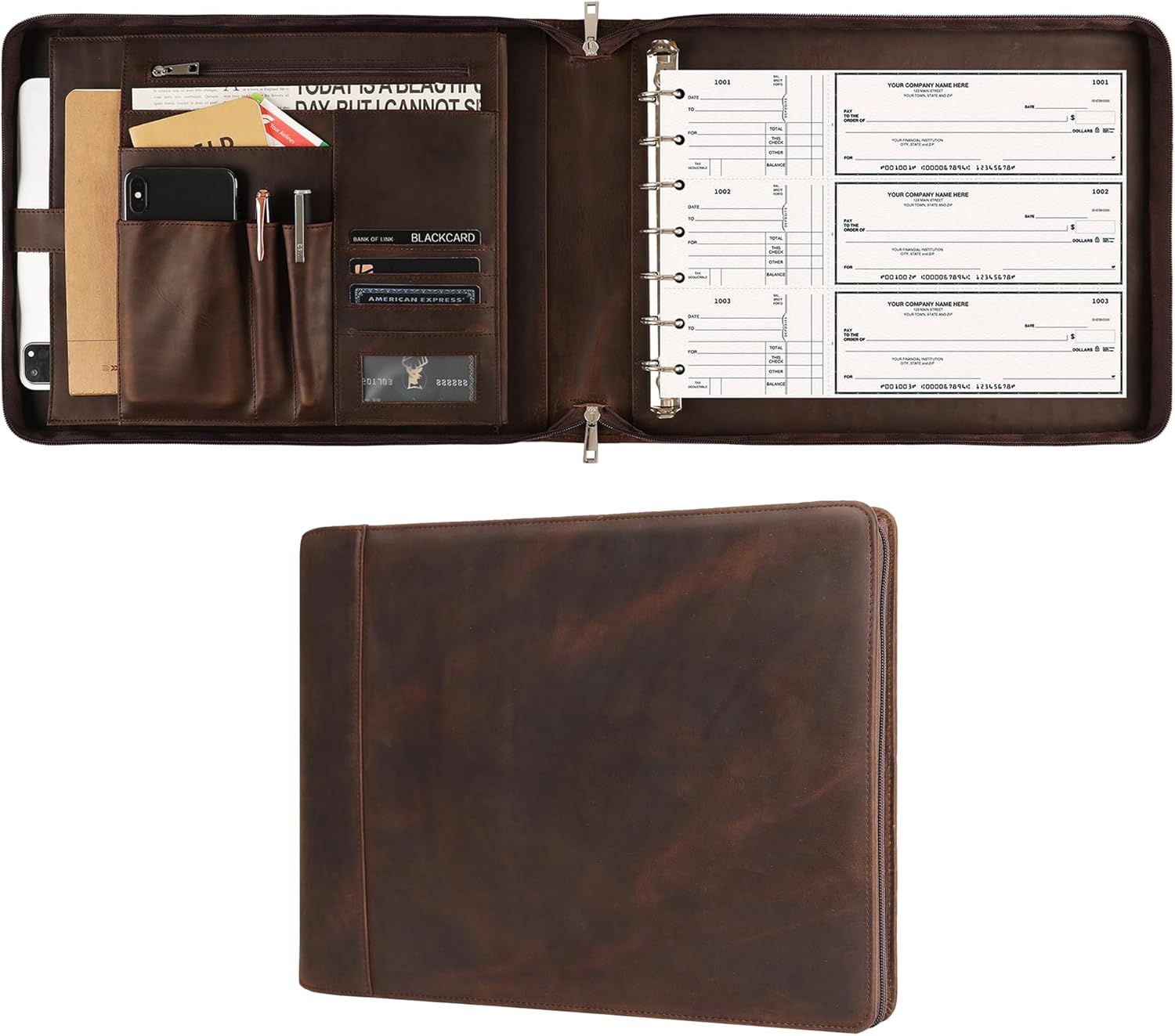 Personalized 7 Ring Check Binder - Genuine Leather Business Checkbook Binder & Portfolio for 9 x 13 inch Sheets, Engraved Check Book Holder with 600 Checks Capacity 3 Per Page - Dark Khaki - Custom