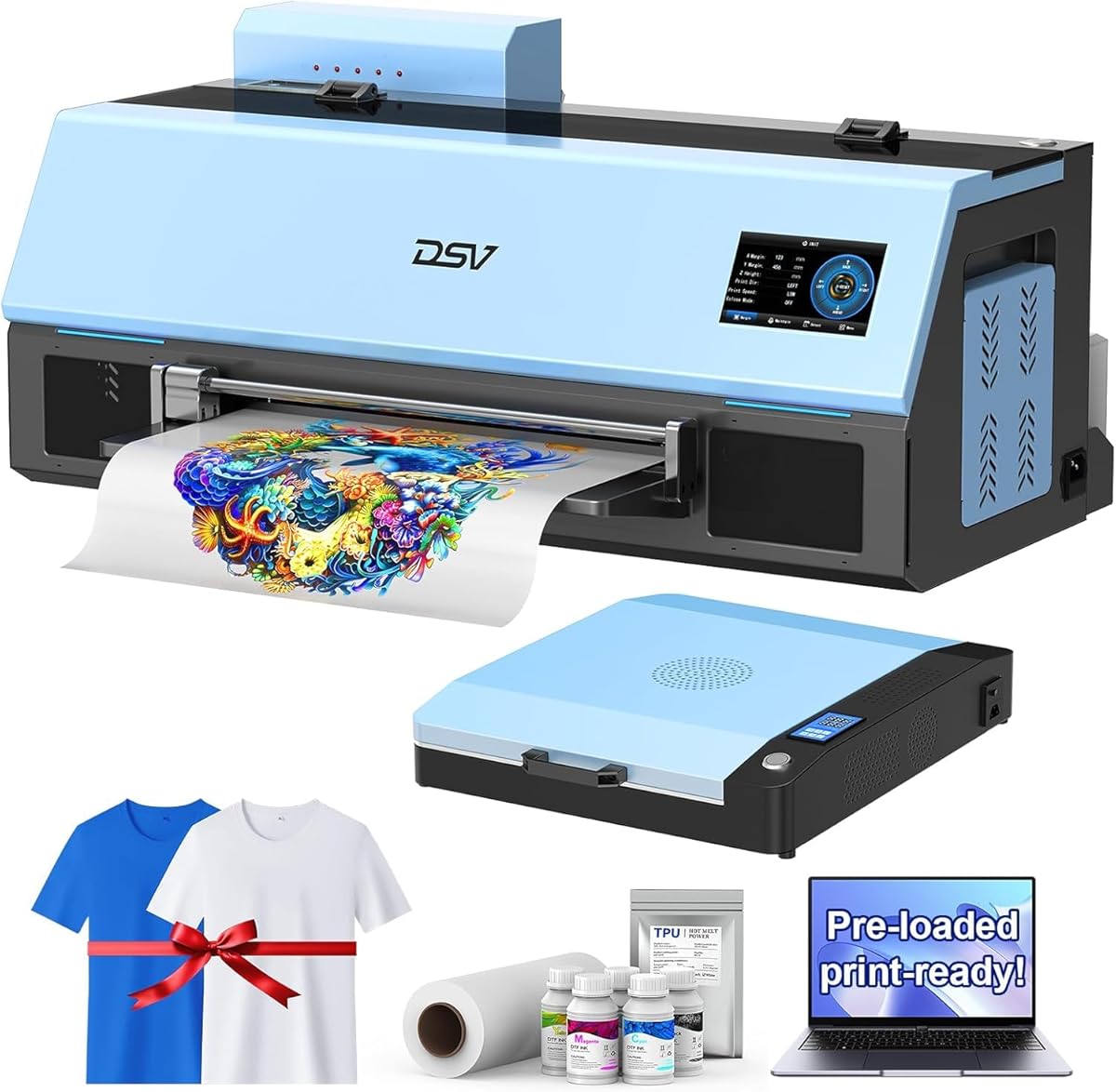 DSV A3 Plus XP600 DTF Printer with Oven&Laptop,2X Printing Speed Compared to L1800,4.5” LED Multi-Function Touch Screen,Built-in White Circulation and Automatic Cleaning