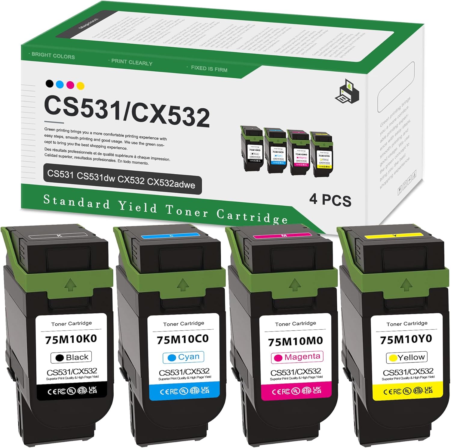 CS531 CX532 Standard Yield Toner Cartridge 4-Pack Replacement for Lexmark 75M10K0 75M10C0 75M10M0 75M10Y0 for CS531 CS531dw CX532 CX532adwe Printers