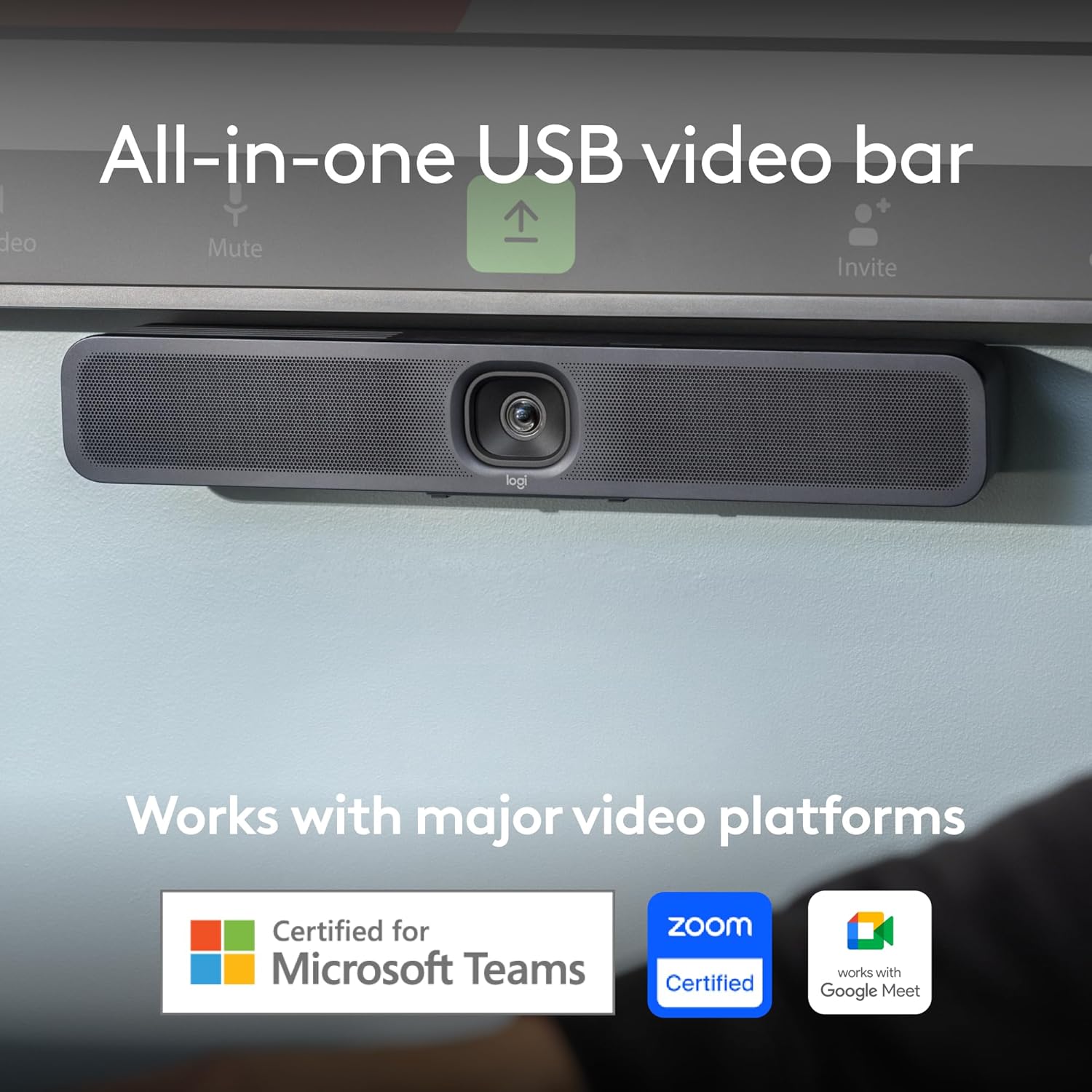 Logitech MeetUp 2 All-in-One USB Conference Room Camera, Compact Video Bar with Built-in AI Features, Works with Microsoft Teams, Zoom Rooms, Google Meet, and More (Renewed)