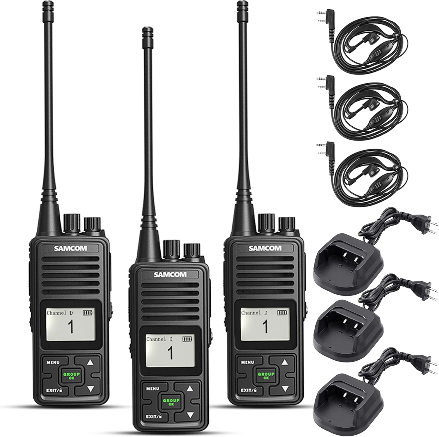 SAMCOM FPCN10A Two-Way Radios Long Range, 3000mAh Rechargeable Long Standby Walkie Talkies for Adults, Programmed Commercial Handheld UHF 2 Way Radios with Earpiece, Group Talk Dual PTT, 3 Pcs