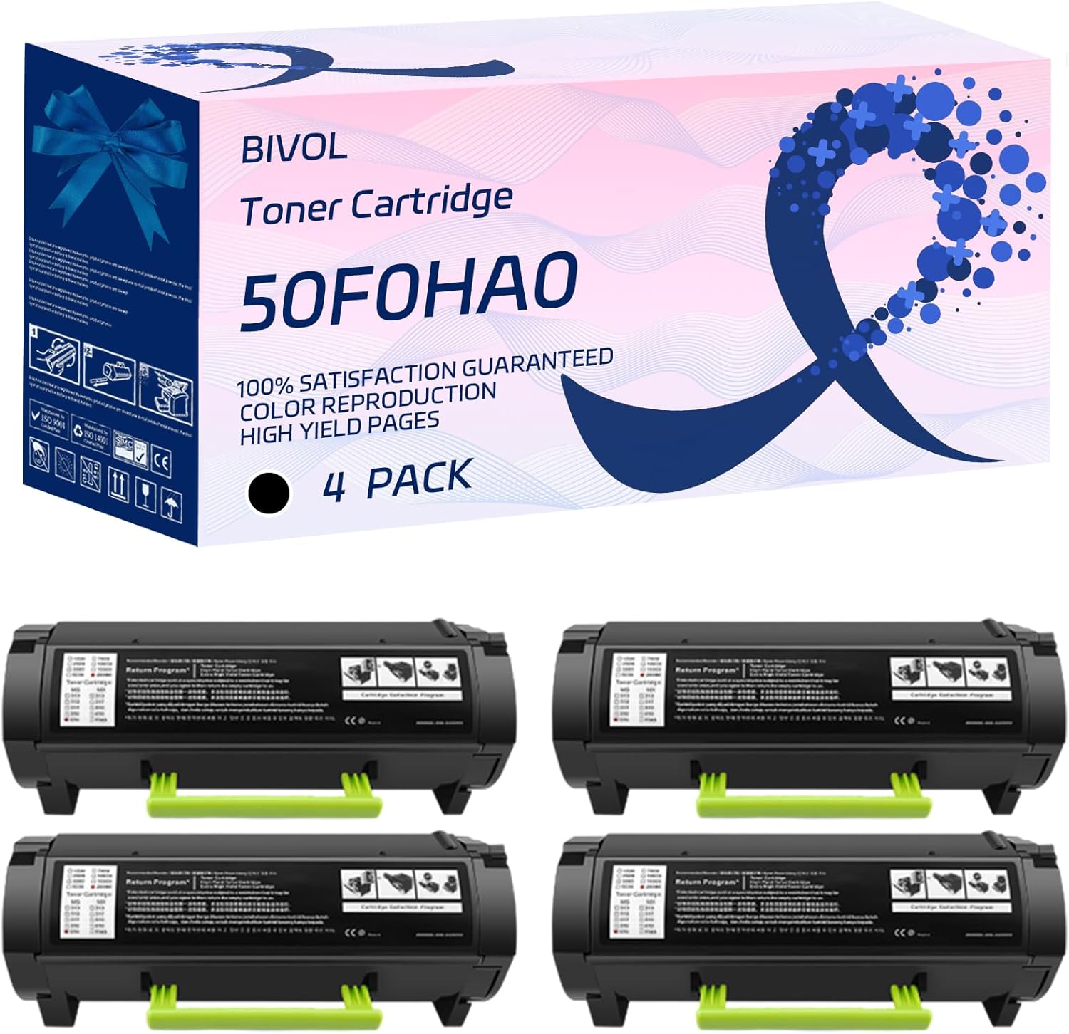 BIVOL 50F0HA0 Toner Cartridge Compatible for Lexmark MS510dn MS610de MS610dn MS610dte MS610dtn Printers, with Chip, High Yield 5000 Pages, Vivid Colors (4 Pack Black)