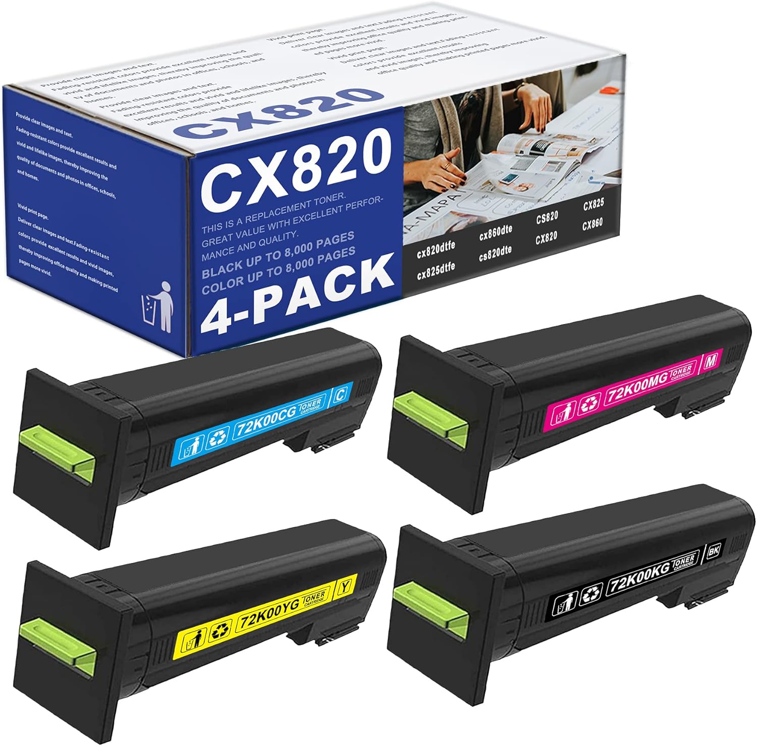4 Pack Compatible 72K00KG 72K00CG 72K00MG 72K00YG Toner Cartridge Replacement for Lexmark CS820 CX820 cx860dte cs820dte CX825 CX860 cx820dtfe cx825dtfe Printer(1BK+1C+1M+1Y).