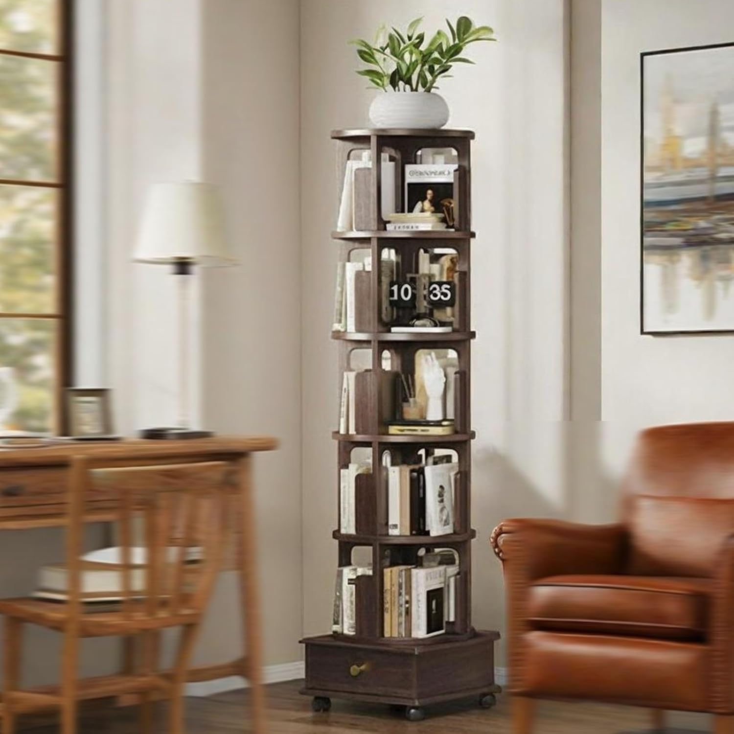 Zdlopteron 360° Spinning Bookshelf Solid Oak Wood Rotating Bookshelves Tower,4/5/6 Tier Swivel Bookcase with Wheels and Drawers Modern Corner Storage for Living Room,Study, Bedroom(6Tier)