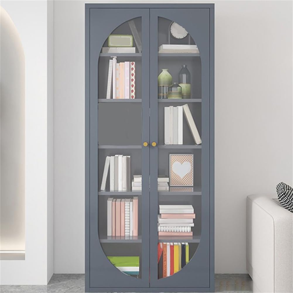 KWOKING Modern Metal Bookcase Standard Shelves Included Bookshelf with Glass Doors Bookcase Simple Modern Locker Bookshelf French Cream Style Living Room Display Cabinet Grey 31.5