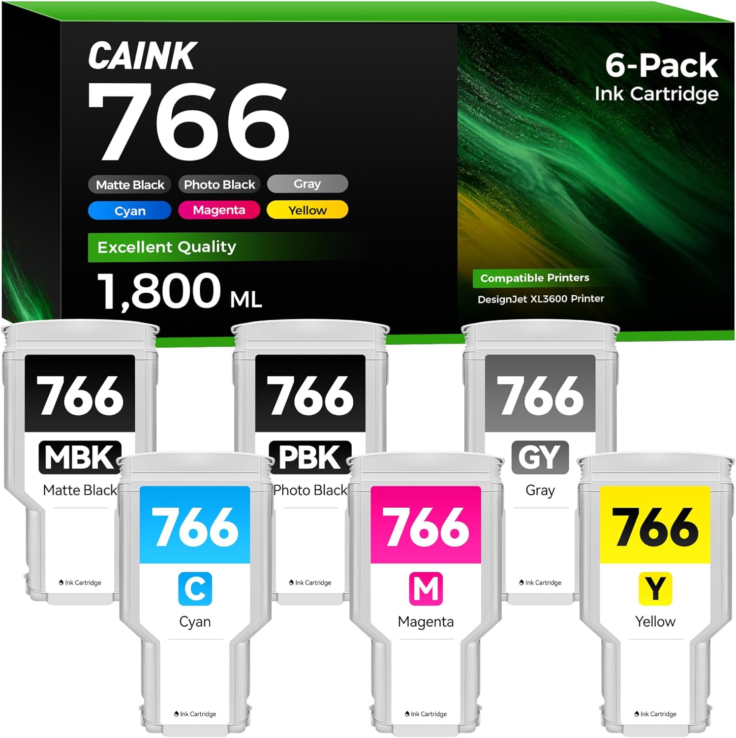 766 Ink Cartridges Set 6-Pack 300-ml High Yield Replacement for HP 766 XL Ink 3ED57A P2V89A P2V90A P2V91A P2V93A 3ED55A Compatible with HP DesignJet XL3600 Printer Matte Black Gray Cyan Magenta Yellow