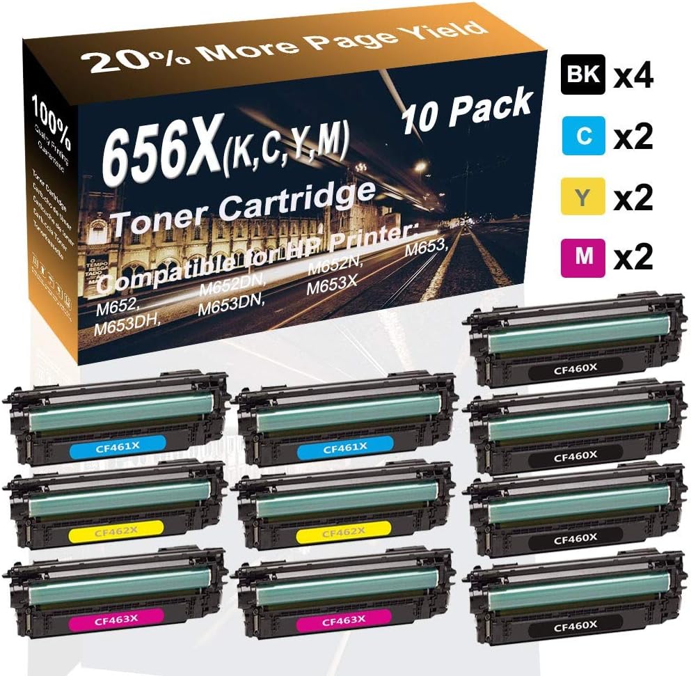 10-Pack (4BK+2C+2Y+2M) Compatible High Yield Color 656X (CF460X CF461X CF462X CF463X) Printer Toner Cartridge use for HP M653x M652 M653 Printer