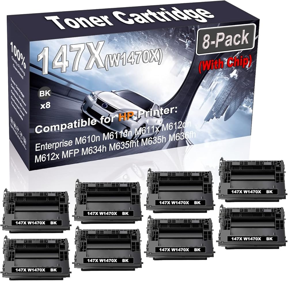 8-Pack (Black) Compatible Enterprise M610n M611dn M611x M612dn M612x Laser Printer Cartridge (High Capacity) Replacement for HP 147X W1470X (with Chip) Printer Cartridge