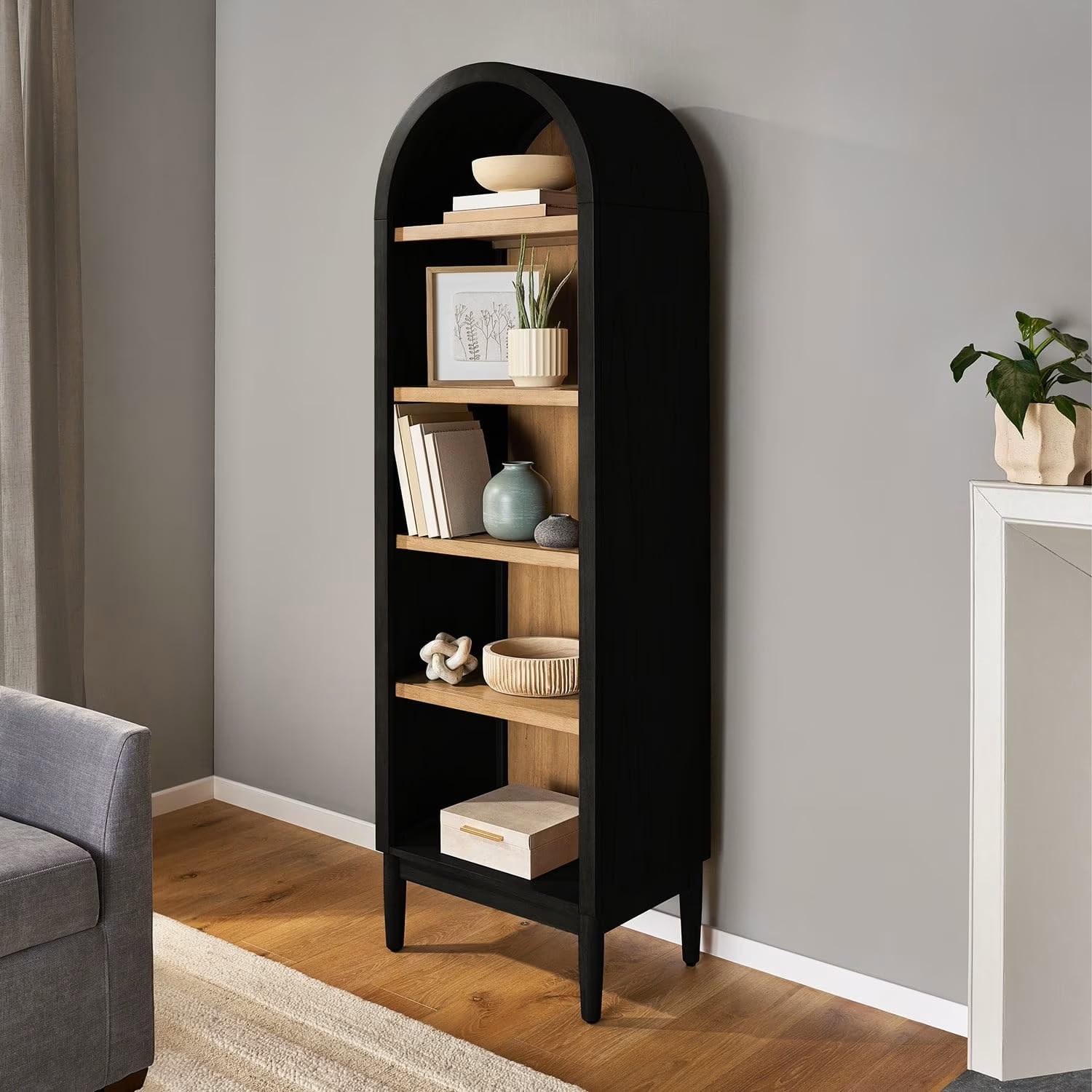 Narrow Arch Bookcase with Shelves Made of Durable Wood Frame