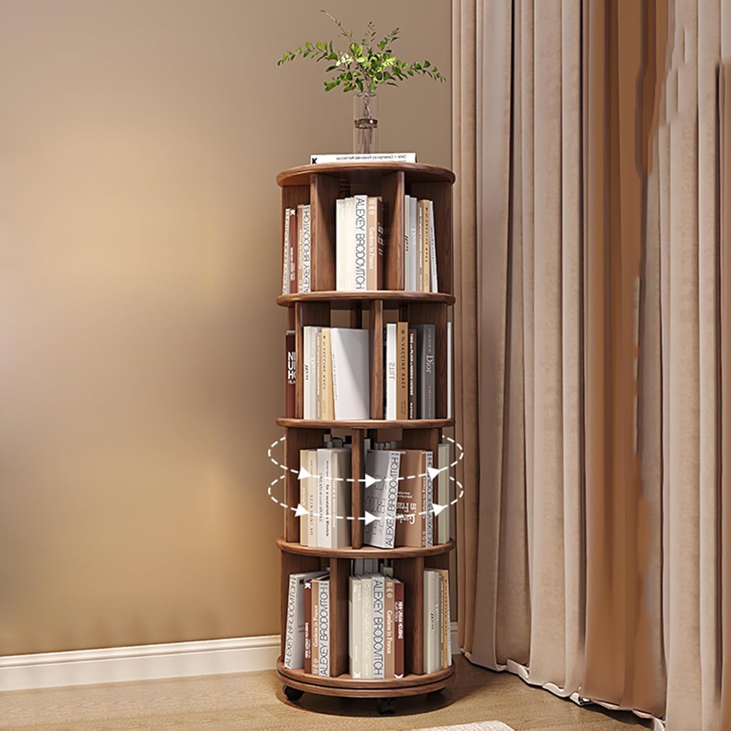 Brown Rotating Bookshelf Tower,Revolving Bookcase,Corner Bookshelf for Small Space,360 Display Spinning Bookshelf,6 Tier Rotating Bookcase (Color : Brown, Size : 4 Tier)