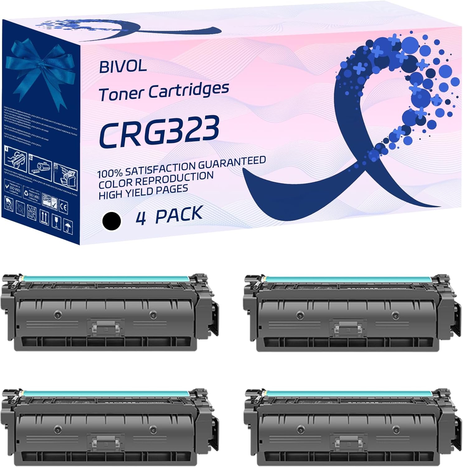 CRG323 Toner Cartridges Compatible for Canon LBP7700C 7750Cdn Printers, with Chip, High Yield 6000 Pages, Vivid Colors (4 Pack Black)