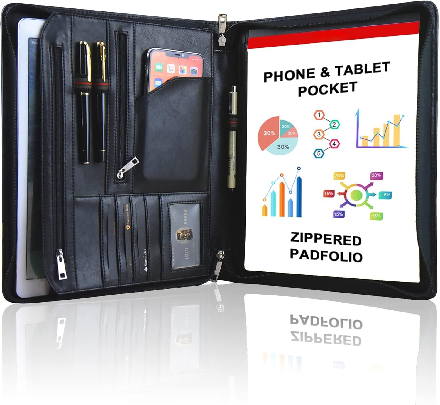 Resume Portfolio,Zippered Padfolio Document Holder Business Folder Organizer, Faux Leather Matte Finish -Black-Non Custom