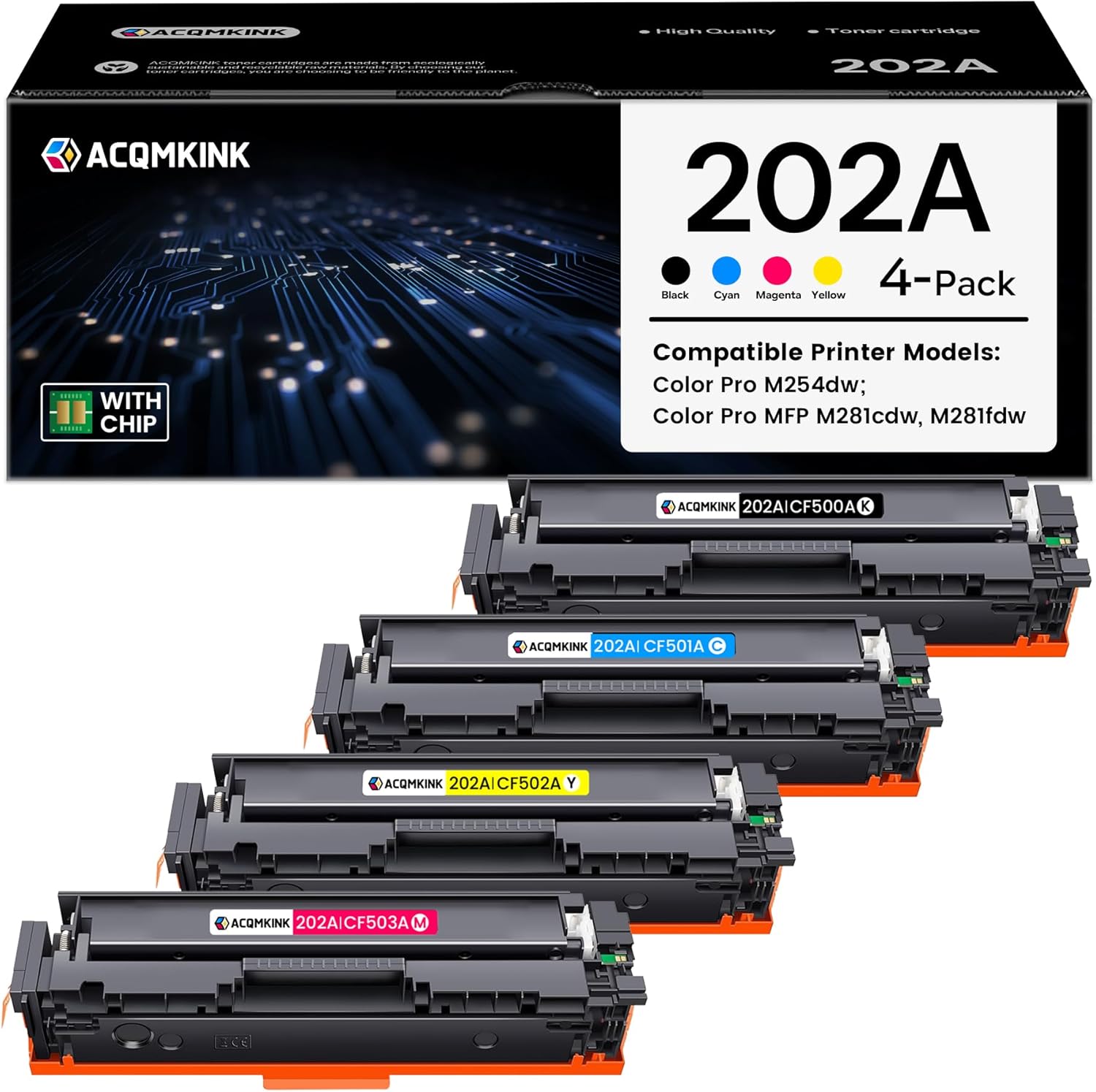 202A Toner Cartridges 4 Pack Replacement for HP 202A CF500A CF501A CF502A CF503A Color Pro M254dw M254; MFP M281cdw, M281fdw M281 Series Printer (Black Cyan Yellow Magenta)