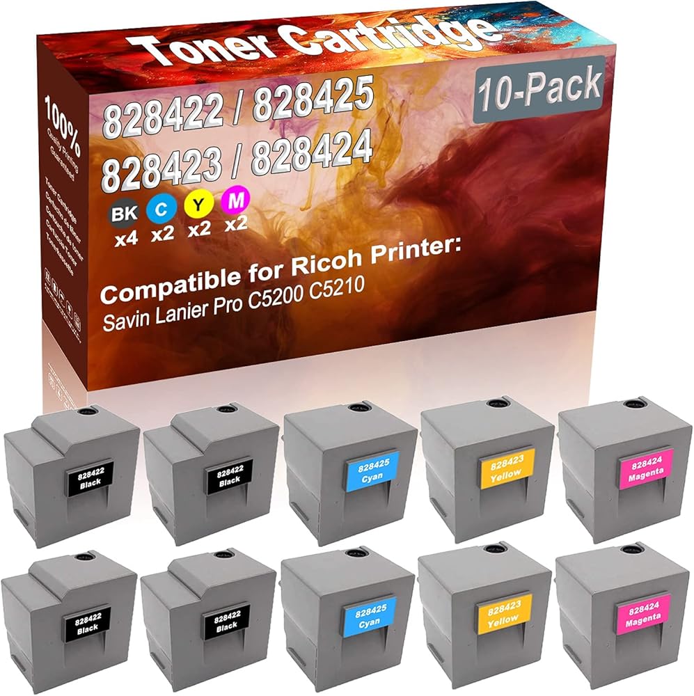 10-Pack (4BK+2C+2Y+2M) Compatible Savin Lanier Pro C5200 C5210 Laser Printer Toner Cartridge (High Capacity) Replacement for Ricoh 828422 828425 828423 828424 Printer Toner Cartridge