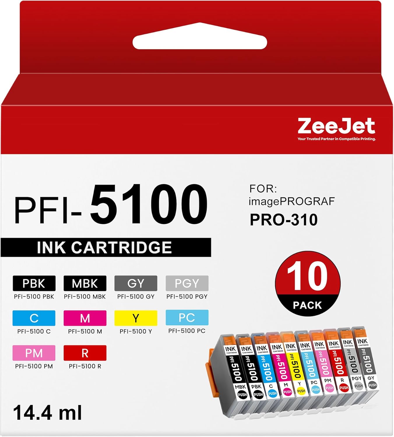Zeejet PFI-5100 Ink Cartridges Replacement for Canon PFI5100 PFI-5100 Ink Tank for ImagePROGRAF PRO-310 Printer Ink 10-Colors Value Pack (MBK, PBK, C, M, Y, R, GY, PC, PM, CO)