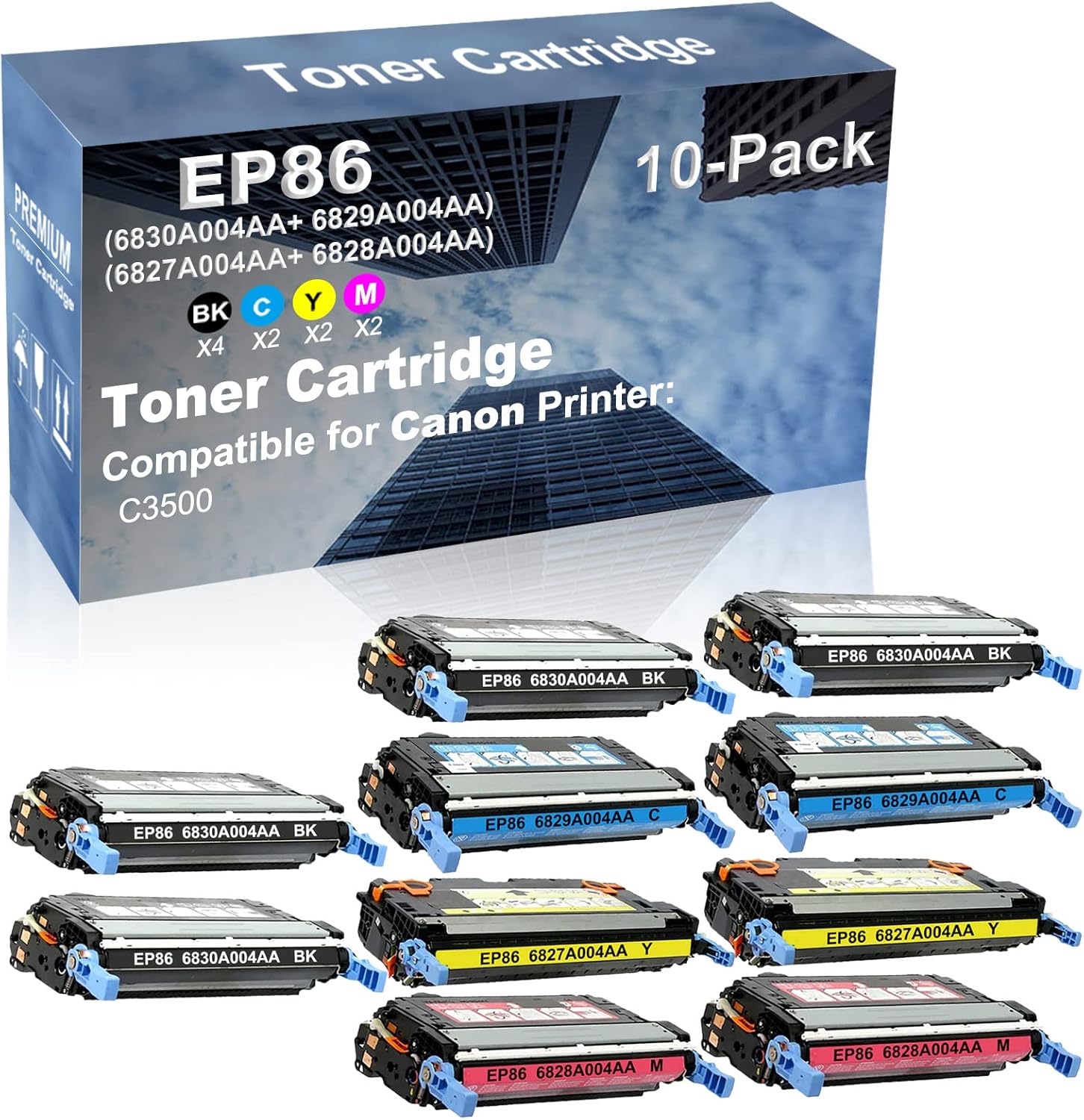 10-Pack (4BK+2C+2Y+2M) Compatible High Capacity EP86 (6830A004AA+ 6829A004AA+ 6827A004AA+ 6828A004AA) Toner Cartridge Used for Canon ImageClass C3500 Printer