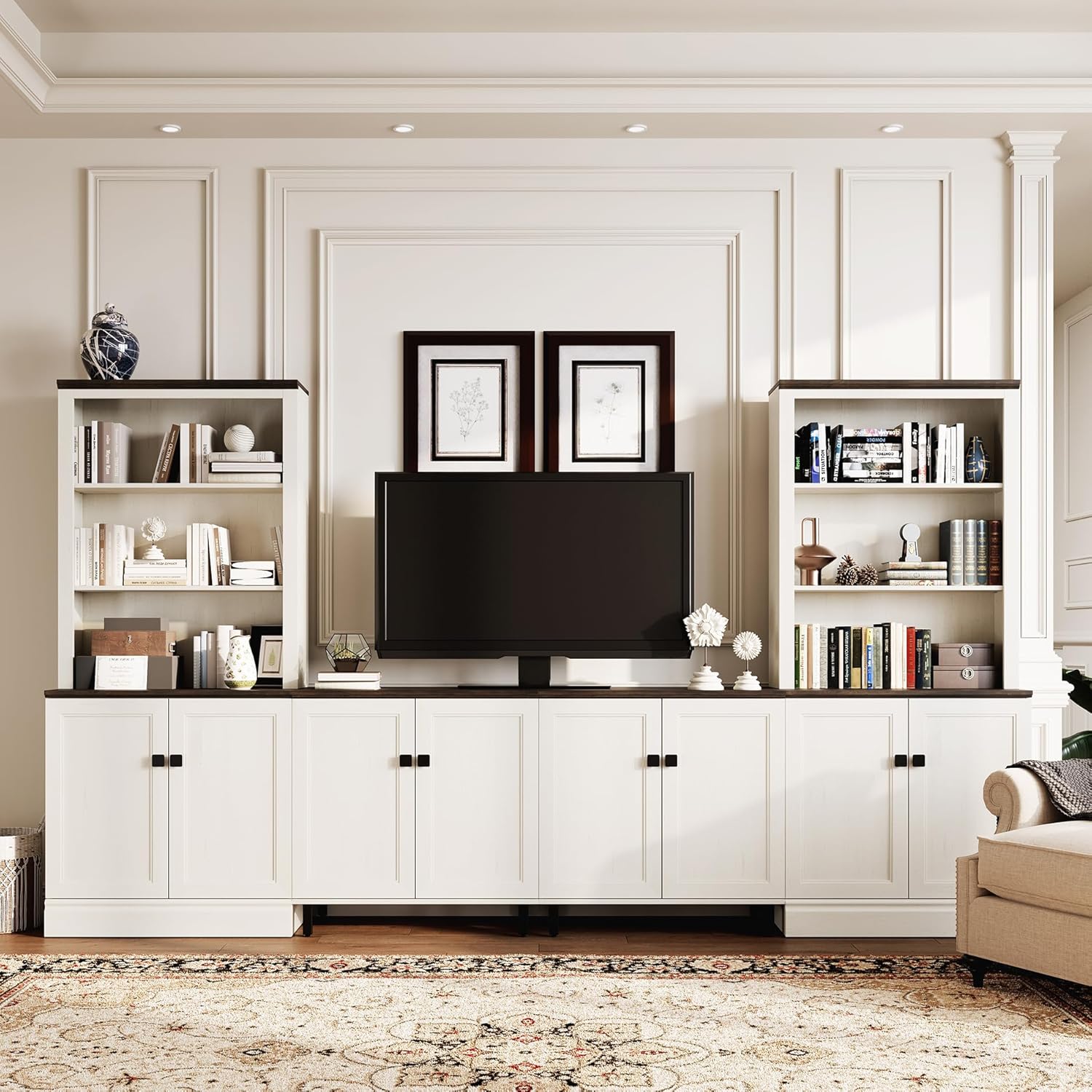 FENLINJOY 72in Tall Bookshelf 5 Tier Bookcase with Barn Doors and Adjustable Shelves, Farmhouse Book Shelf with Storage Cabinet, Wood Freestanding Display Bookshelves for Living Room (Pack2)