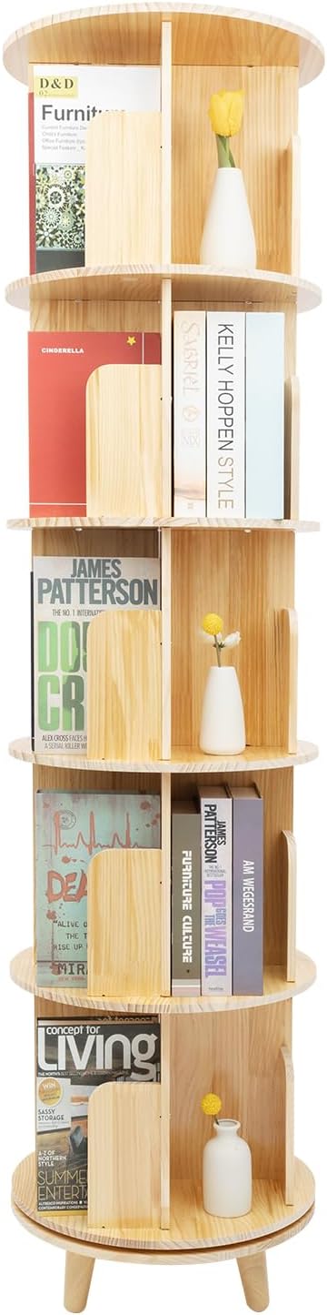 KEARIXM Rotating Bookshelf, 5 Tier 360 Degree Spinning Book Shelf with Wheels Pine Wood Construction for Small Spaces, 17.72IN Diameter 69IN Height 110LBS per Layer Load Capacity, for Living Room