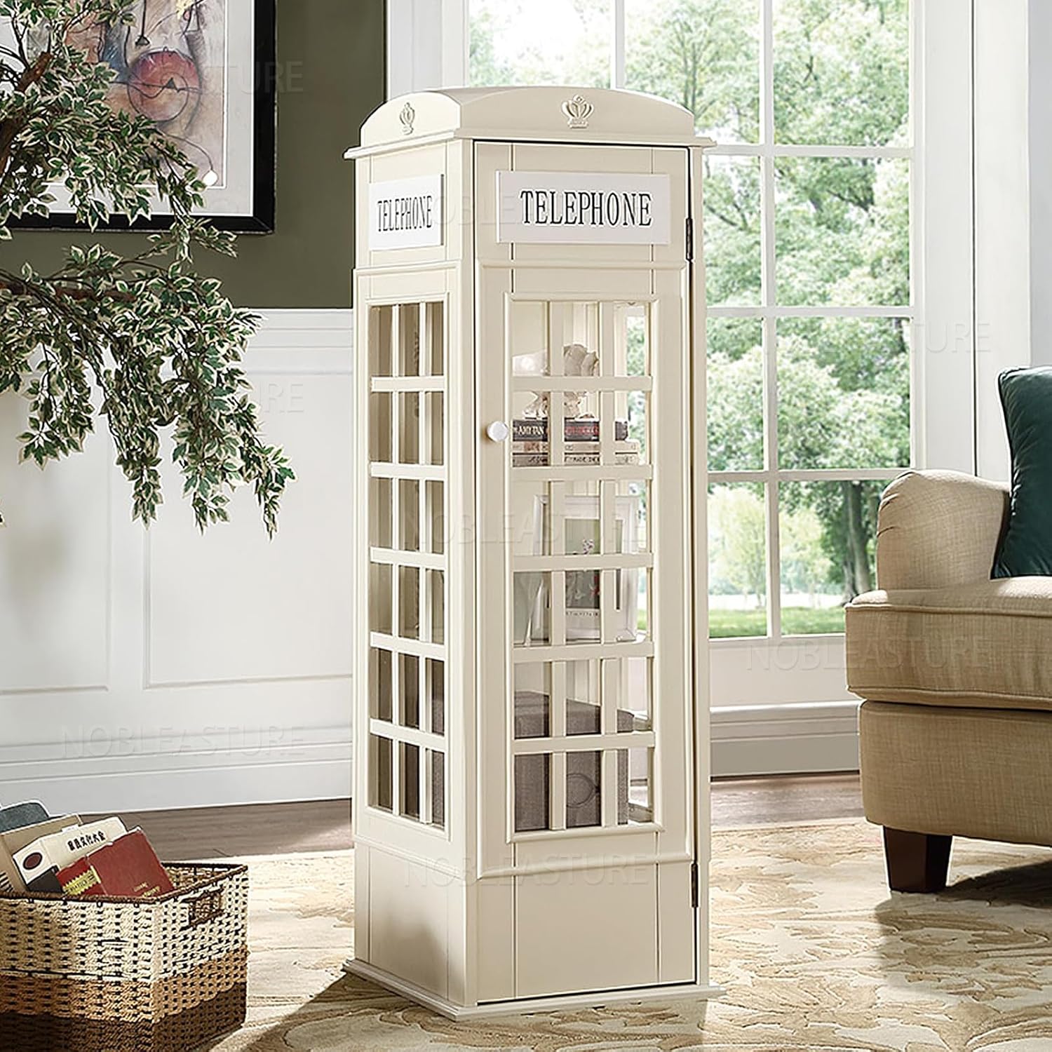 NOBLEASTURE Telephone Booth Bookshelf with Acrylic Door, 5-Tier Wooden Bookcase, Living Room Storage Display Bookshelf, Cube Organizer Display (Yellow)