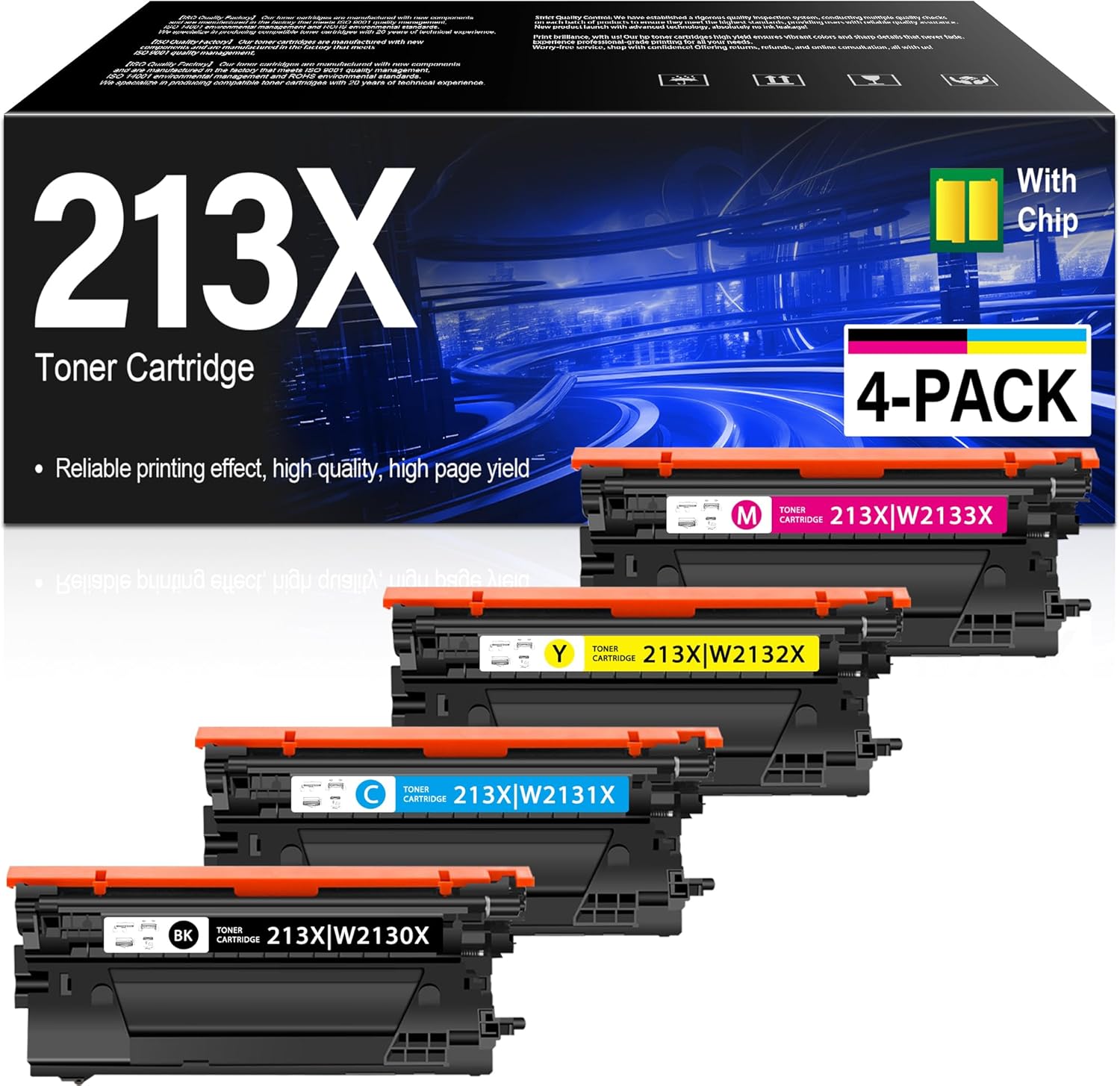 LUMSON 213X High Yield 4-Pack (with Chip) Toner Cartridge Replacement for HP 213X 213A W2130X W2130A Color Enterprise 5700 6700 6701 MFP 5800 MFP 6800 6801 Printer| Black Cyan Magenta Yellow