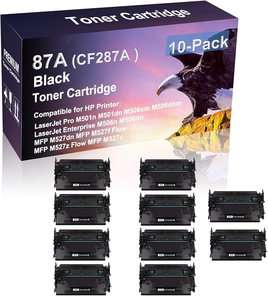 10 Pack Compatible Enterprise M506n M506dn MFP M527dn Laser Toner Cartridge (High Capacity, Black) Replacement for HP 87A | CF287A Printer Toner Cartridge