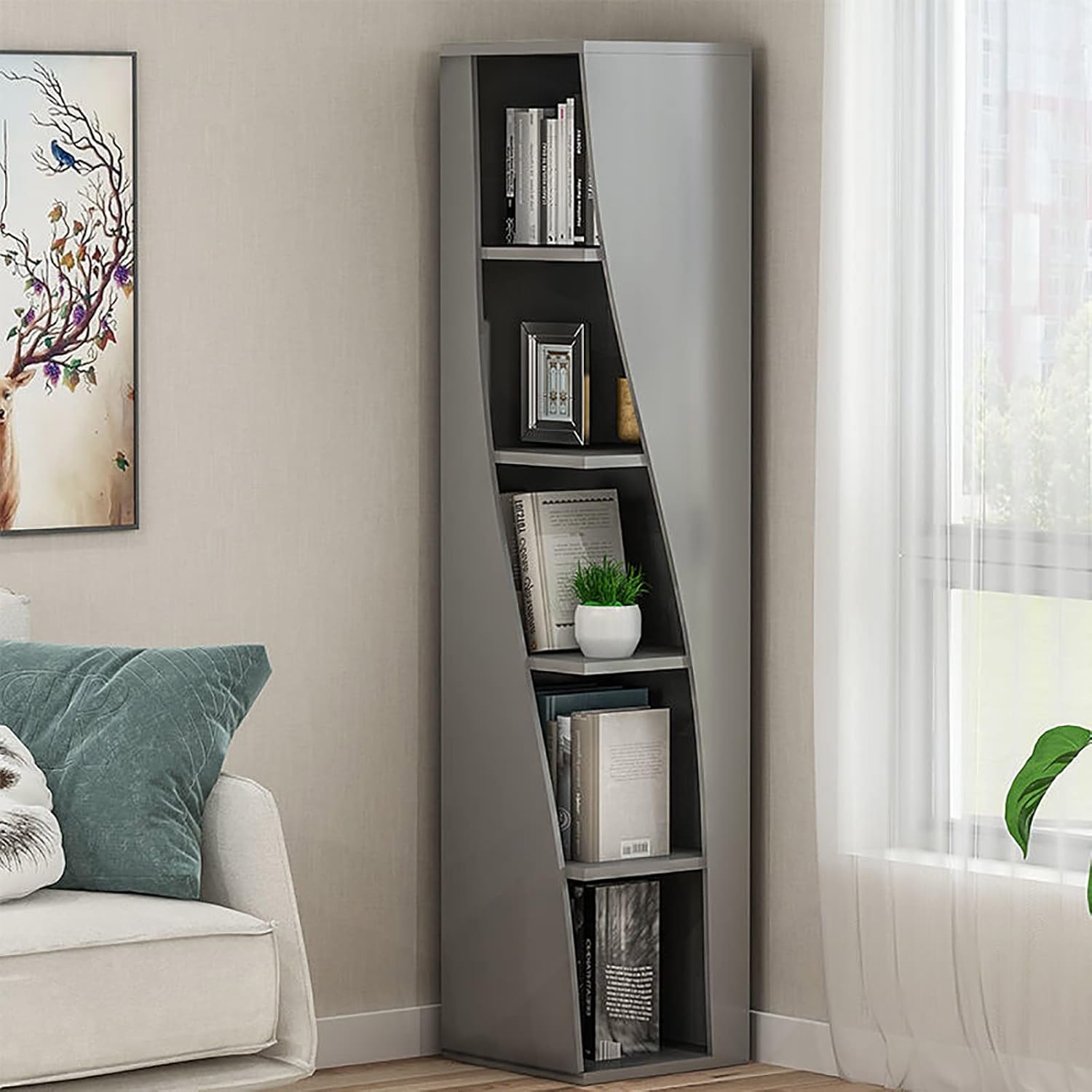 EXCEI Wood Bookcase,Saving Space Storage Rack Display for Living Room Study Office,5 Third Freestanding Bookshelf,Stackable Modern Library,Tall Corner Bookcase-Gray 30x30x180cm(12x12x71inch)