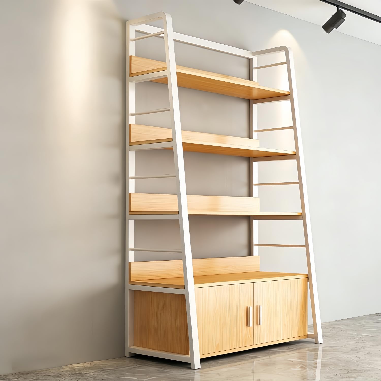 Kavie A-Frame Ladder Bookshelf with Cabinet Doors, Sturdy Metal & Wood Storage Shelf, Industrial Rustic Bookcase for Living Room & Commercial Use (Natural,31.5