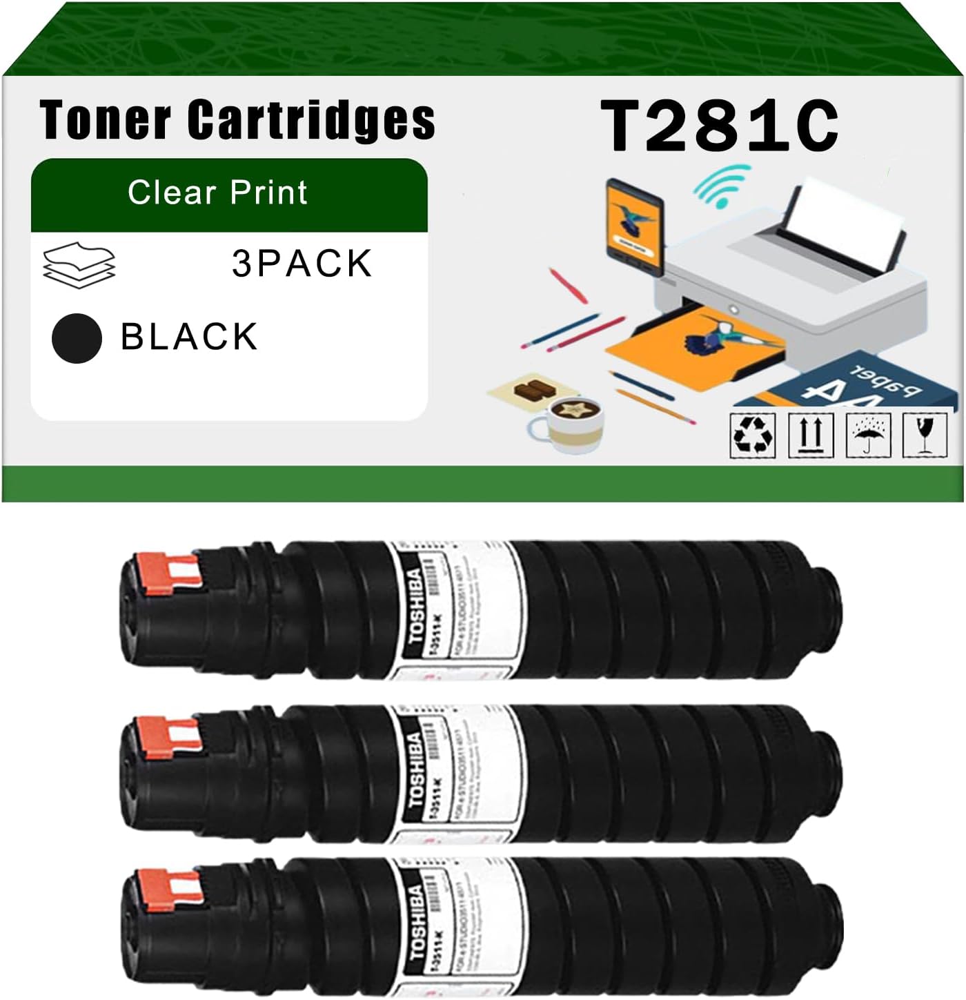 AGNNQ Compatible for Toshiba T281C Toner Cartridges E-Studio 281c 351c 451c Printers, High Yield 37000 Pages Bright Clear Colors (3 Pack Black)