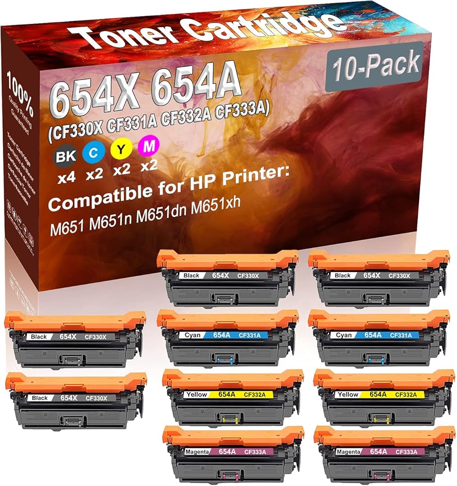 10-Pack (4BK+2C+2Y+2M) Compatible High Yield 654X 654A (CF330X CF331A CF332A CF333A) Printer Toner Cartridge use for HP M651 M651n M651dn Printers