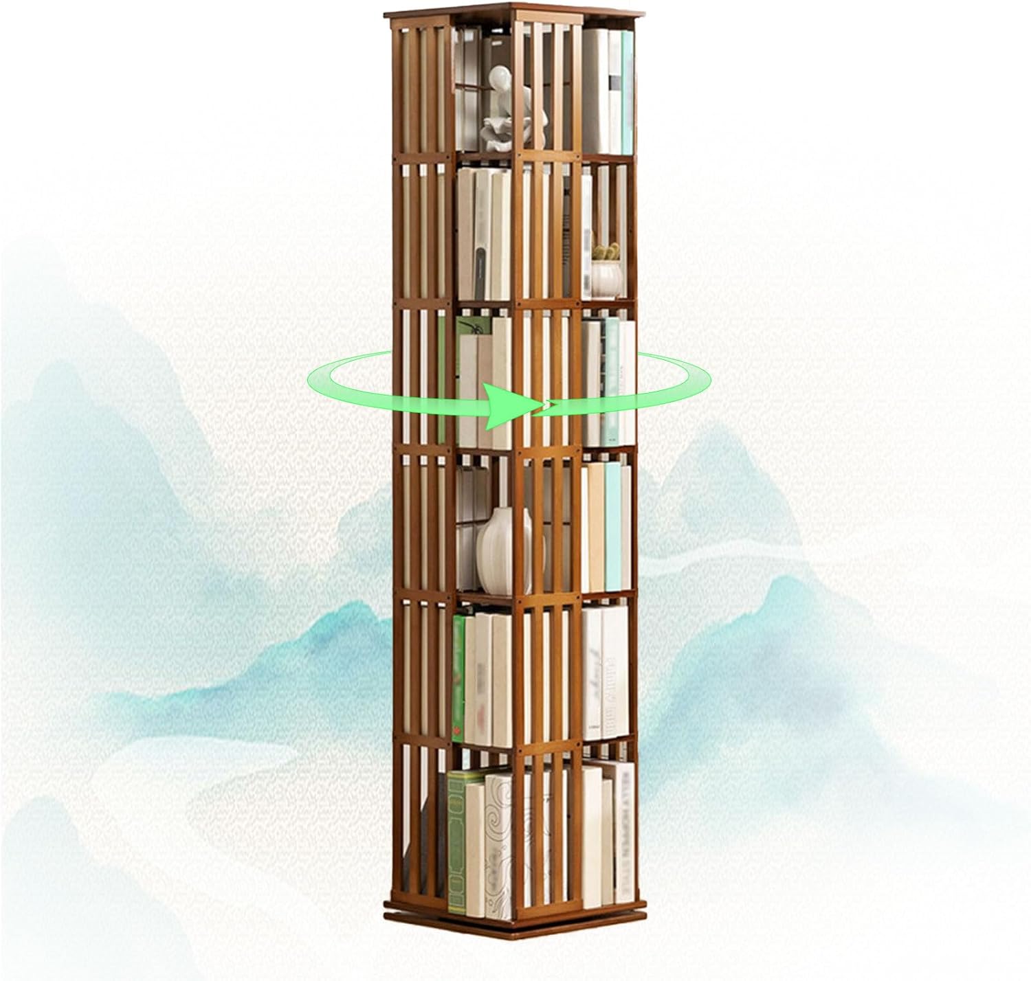 ZTYGXMB Rotating Bookshelf 5/6 Tier 360 Display Floor Standing Corner Bookshelf with Storage Tall Narrow Bookcase Organizer for Bedroom, Living Room, Study Room Brown 6-layer/H178cm