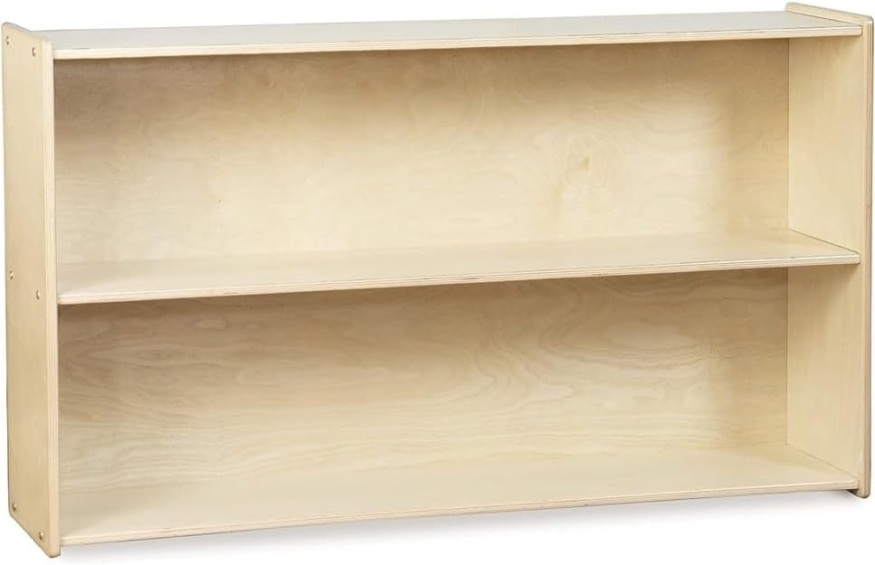 2 Shelf Horizontal Bookcase with Wheels Wooden Bookshelf Organizer Kids Supplies Storage Unit Natural Mid-Century Modern Wood Finish