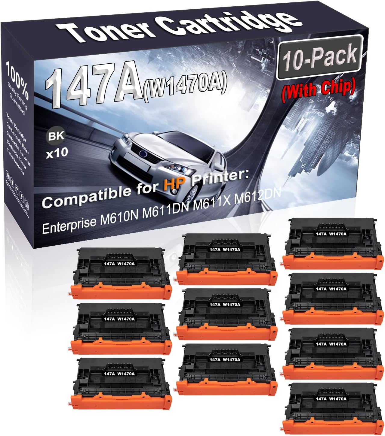 Kolasels 10-Pack (Black) Compatible 147A W1470A (with Chip) Printer Toner Cartridge (High Capacity) fit for Enterprise M610N M611DN M611X M612DN Printer
