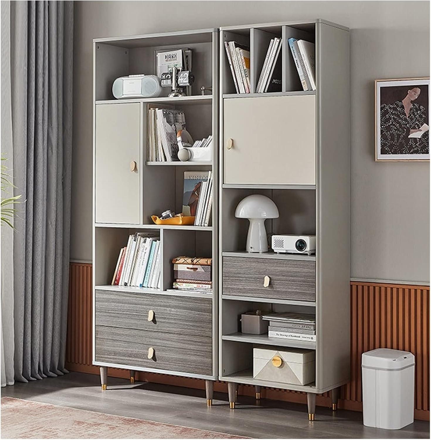 KIRANDY Bookcase Storage Cabinet Display Cabinet, Solid Wood Foot Storage Cabinet for Living Room (Color : A+B 135x34x190cm)