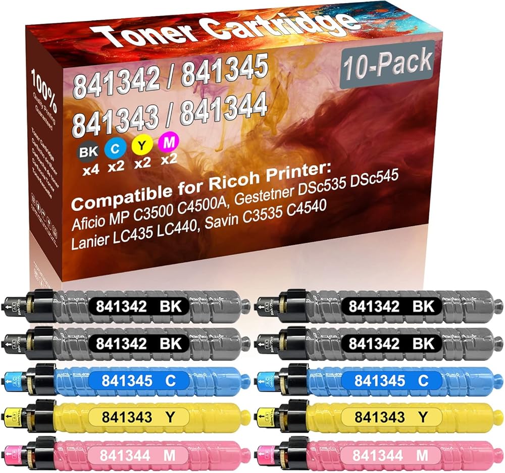 10-Pack (4BK+2C+2Y+2M) Compatible Aficio MP C3500 C4500A, Gestetner DSc535 Laser Printer Toner Cartridge (High Capacity) Replacement for Ricoh 841342 841345 841343 841344 Printer Toner Cartridge