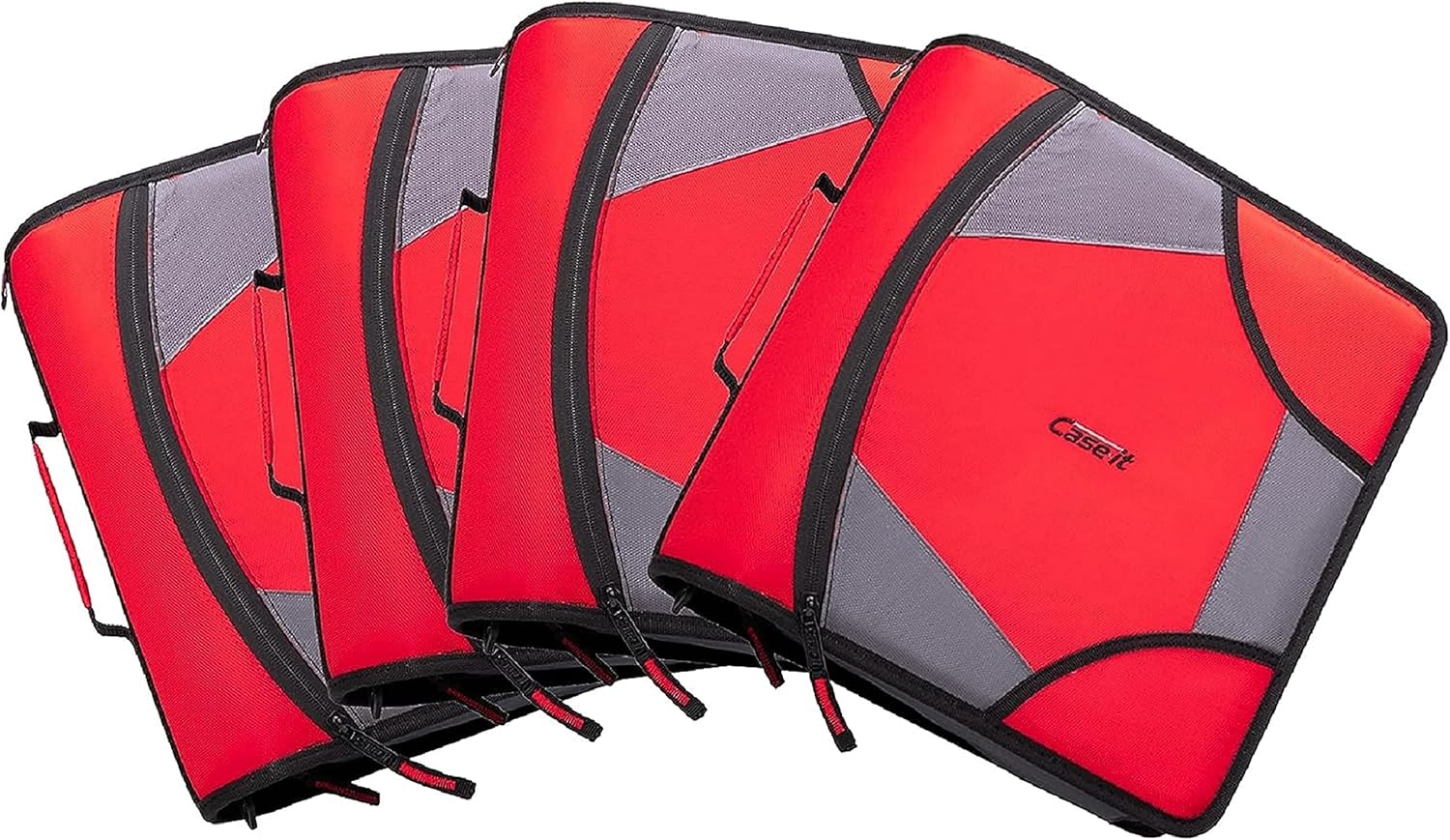 Case-it King Sized Zip Tab School Zipper Binder | 4-Inch D-Rings, 800 Sheet Capacity, 5-Subject Expanding File Folder, Multiple Pockets & Storage Organizer, Shoulder Strap|D-186 Fire Engine Red|4 Pack