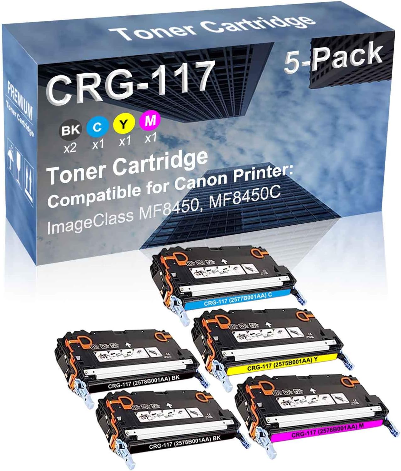 5-Pack (2BK+C+Y+M) Compatible High Yield CRG-117 (2578B001AA+ 2577B001AA+ 2575B001AA+ 2576B001AA) Laser Printer Toner Cartridge Used for Canon ImageClass MF8450, MF8450C Printer