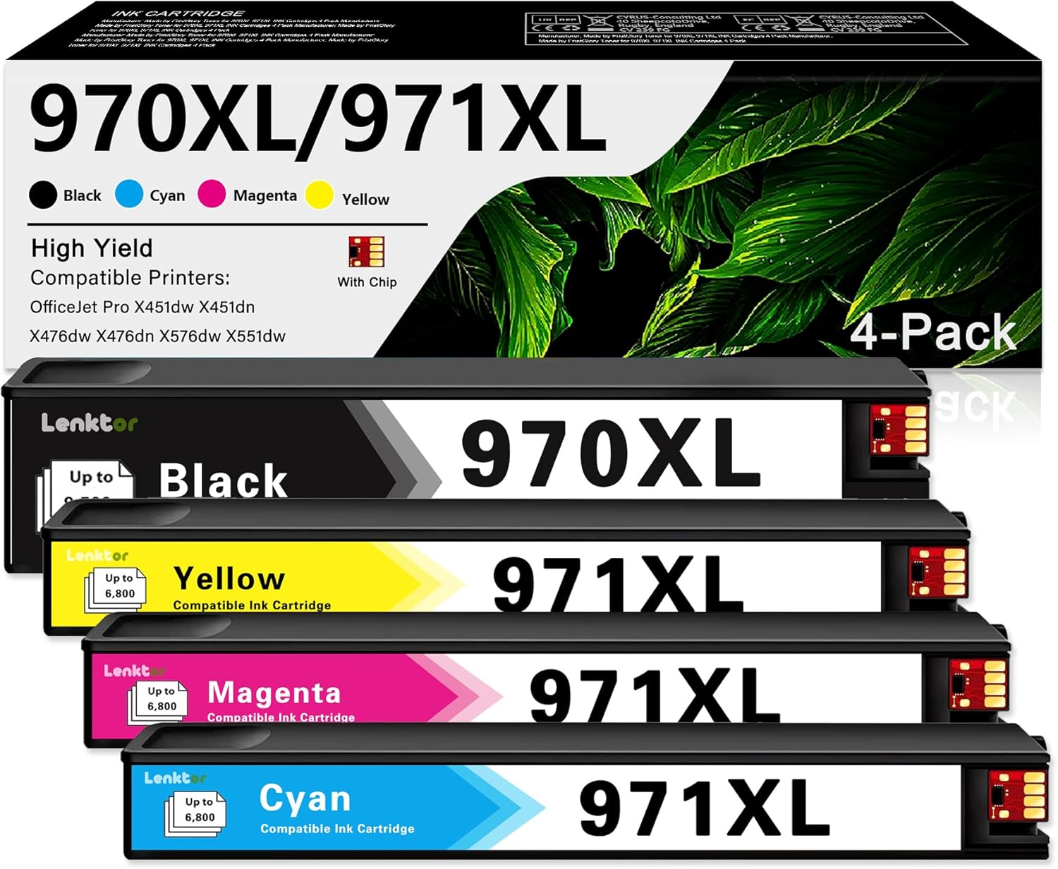970XL 971XL Ink Cartridges High-Yield Replacement for HP Ink 970XL 970 971 for OfficeJet Pro X451dw X451dn X476dw X476dn X576dw X551dw Printer (4 Pack, Black/Cyan/Magenta/Yellow)