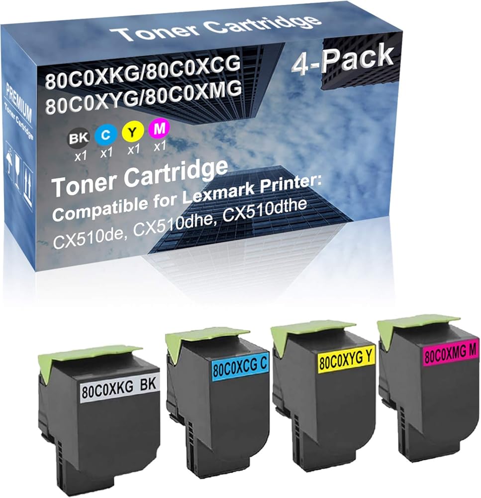 4-Pack (BK+C+Y+M) Compatible High Capacity 80C0XKG+ 80C0XCG+ 80C0XYG+ 80C0XMG Toner Cartridge Used for CX510de, CX510dhe, CX510dthe Printer
