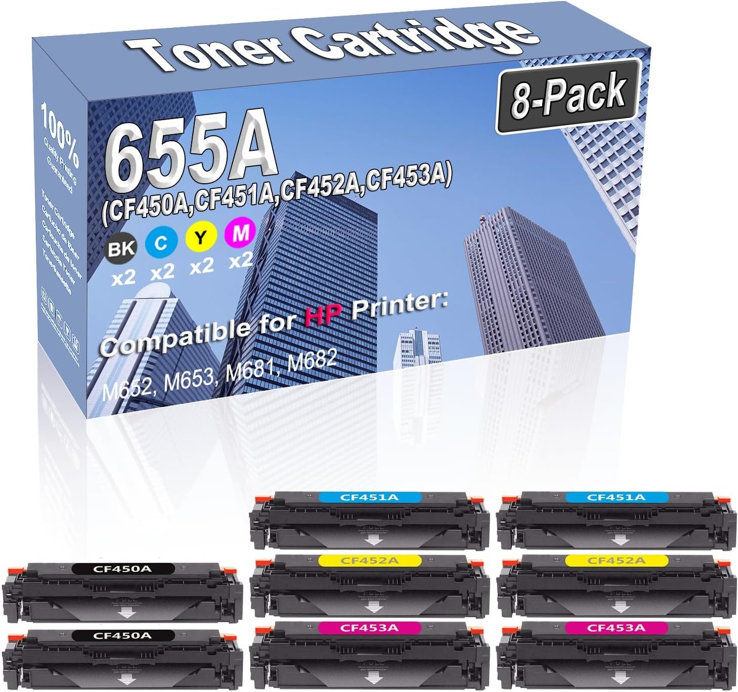 8-Pack (2BK/2C/2Y/2M) Compatible High Capacity 655A (CF450A CF451A CF452A CF453A) Color Toner Cartridge use for HP M652 M653 M681 M682 Printer