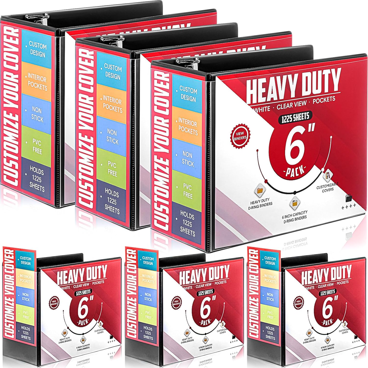 Sinload 6 Pcs 3 Ring Binder, 6 Inch Large Capacity D Ring Binders with Pockets, 8.5