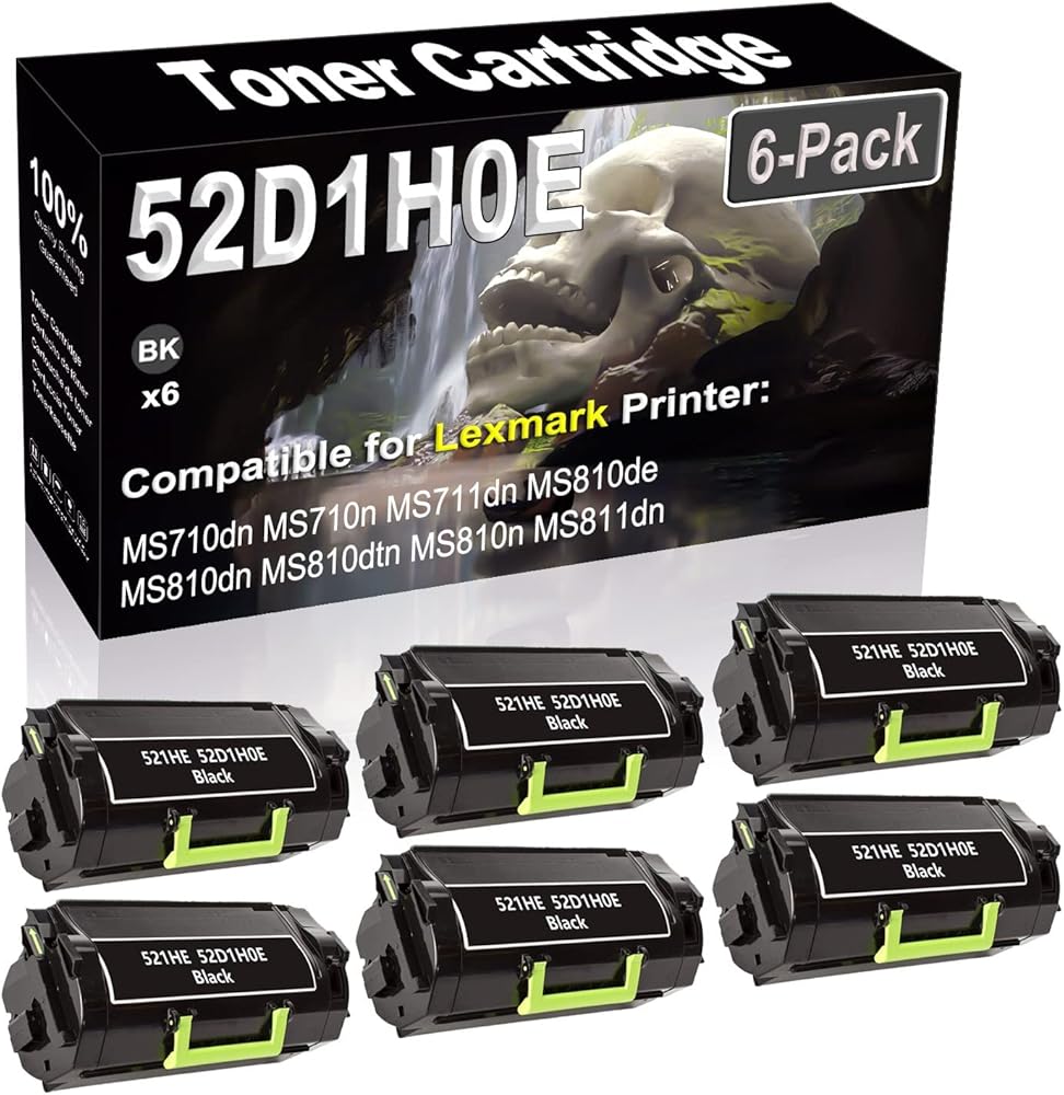 SINIYA 6-Pack (Black) Compatible High Yield 52D1H0E 521HE Laser Printer Toner Cartridge use for MS710dn MS710n MS711dn MS810de MS810dn MS810dtn MS810n Printer