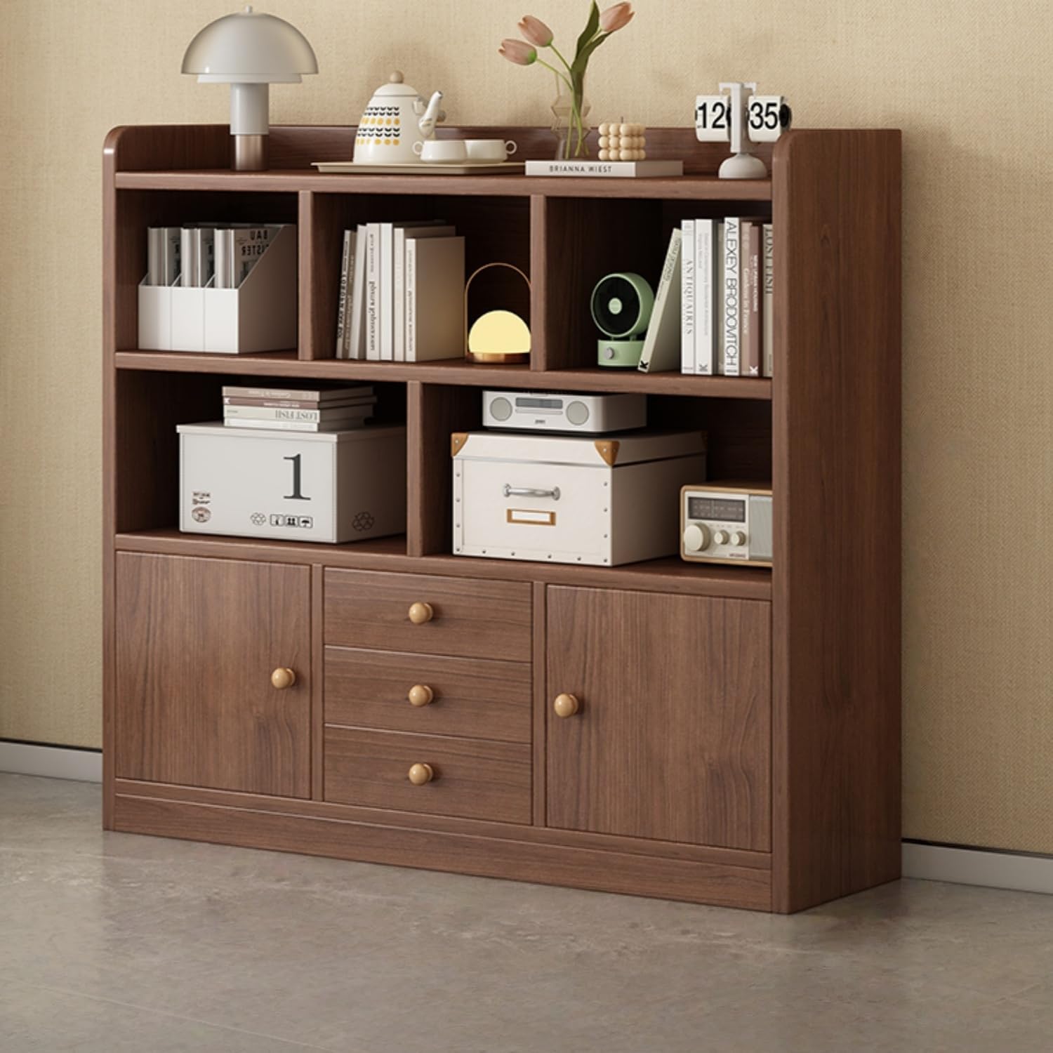 Smilkat Multi-Functional Floor-Standing Bookcase - Wall-Mounted Shelf with Drawers/Cabinets for Bedroom/Living Room/Study (Walnut,47.2