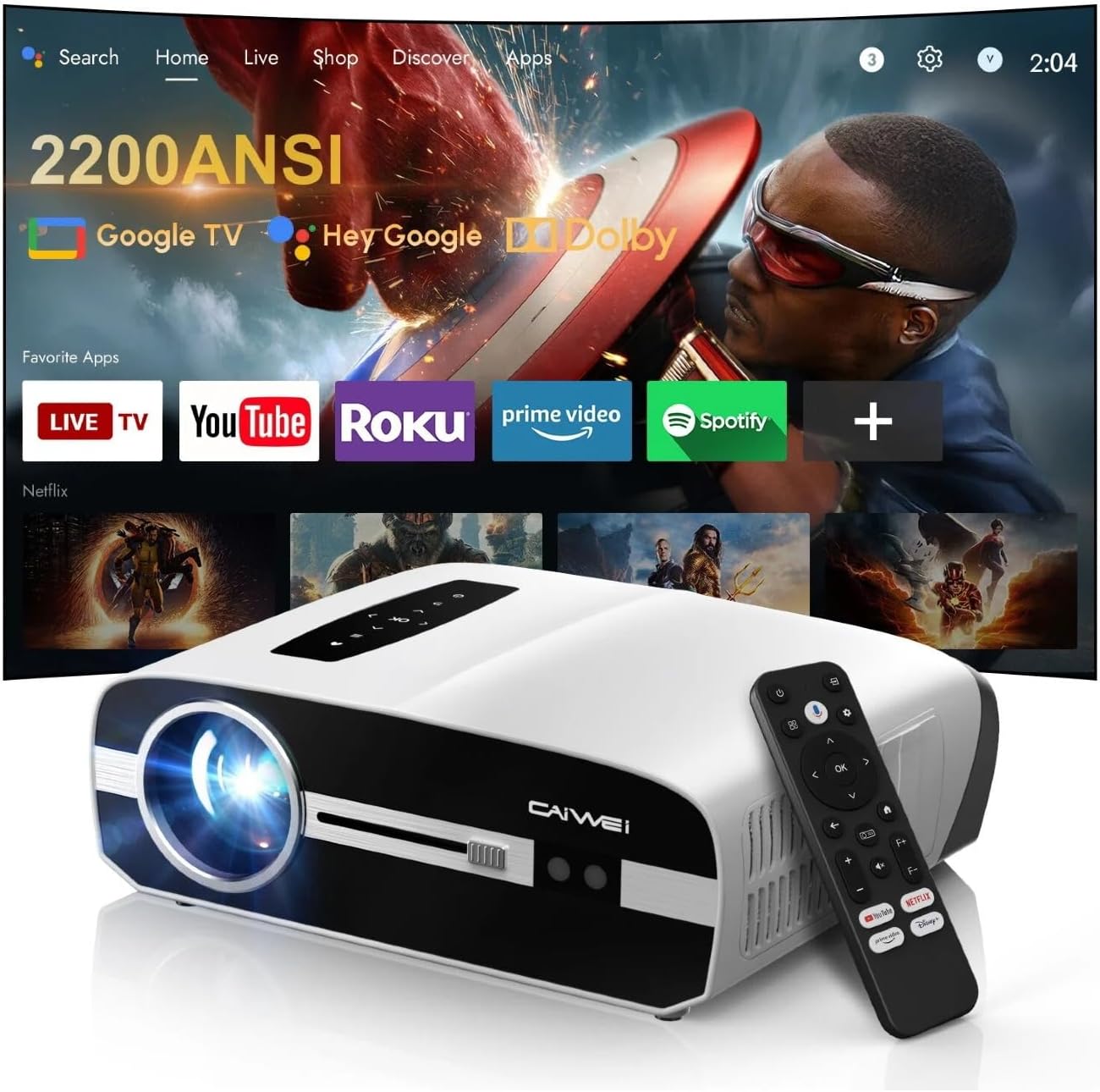 Ultra HD 4K Google TV Projector 2200 ANSI High-Bright Home Theater Projector Outdoor, ToF+CMOS Laser Auto Focus, WiFi6 Bluetooth, Shorter Throw, Dolby Audio, 30W Speaker, NFC Screencast