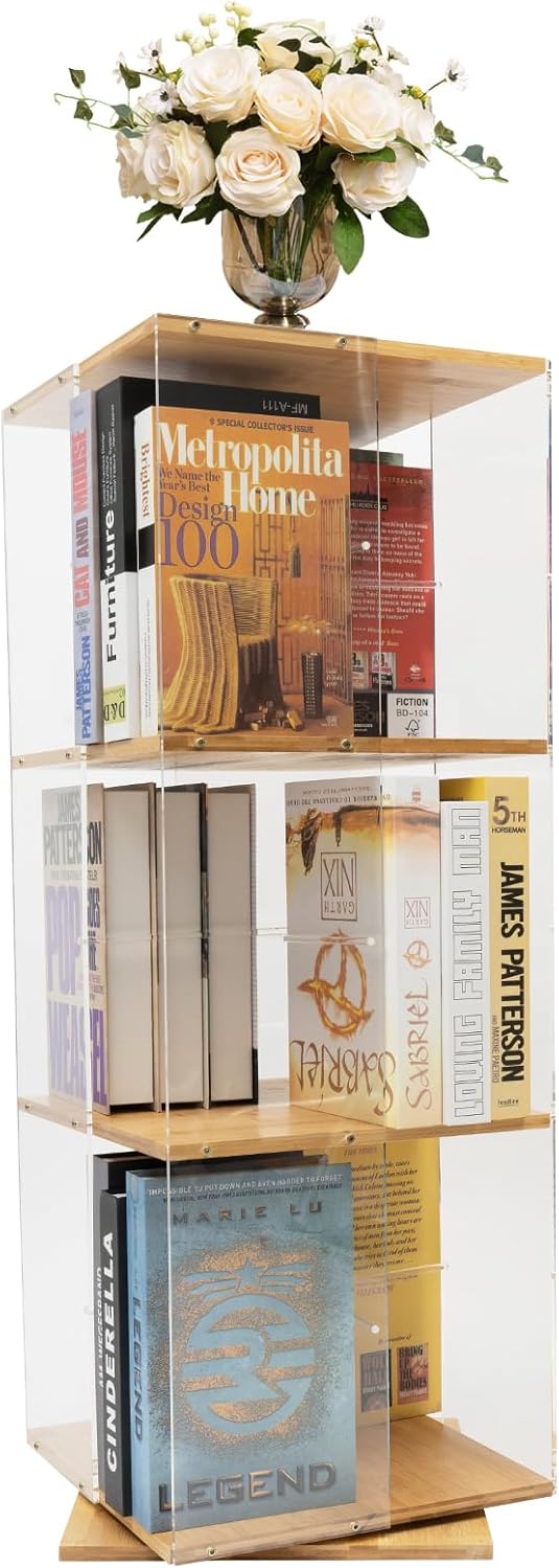 YIYIBYUS 3 Tier Clear Floor Standing Bookshelf,Bookcase Countertop Display Shelf