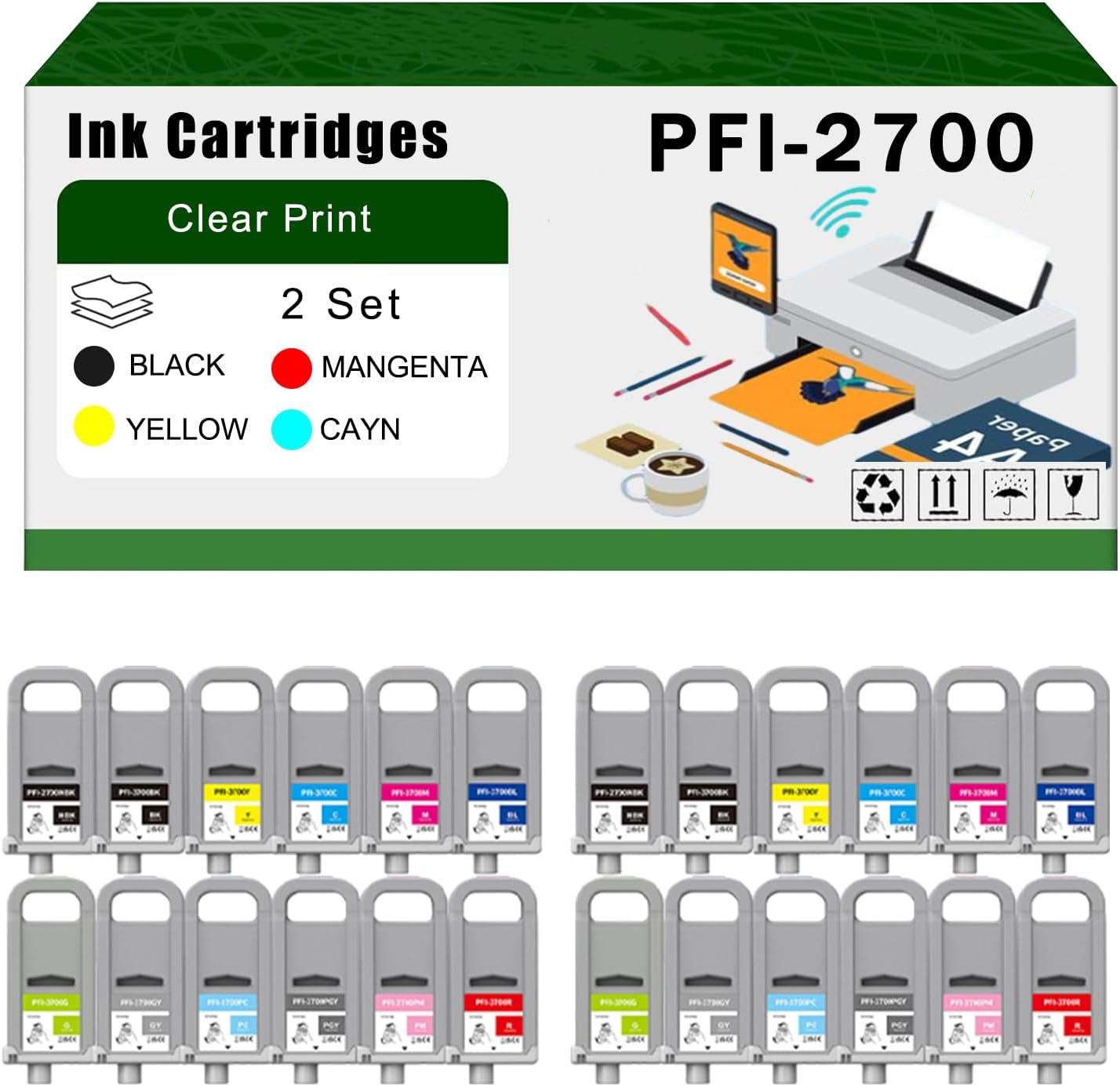 AGNNQ Compatible for Canon PFI-2700 Ink Cartridges imagePROGRAF GP-2000 GP-4000 GP-6600S GP-4600S Printers, High Yield 14000 Pages Bright Clear Colors (2 Set)