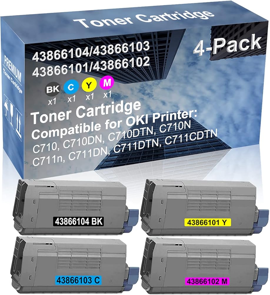 4-Pack (BK+C+Y+M) Compatible High Yield 43866104+ 43866103+ 43866101+ 43866102 Laser Printer Toner Cartridge Used for C711DTN, C711CDTN Printer